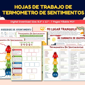 Hoja de trabajo sobre sentimientos y emociones en español para niños y adolescentes - Hojas de trabajo de termómetro de sentimientos - Hojas de trabajo de termómetro de sentimientos (7 páginas)