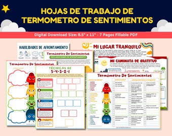Spanish Feelings/Emotions Worksheet For Kids-Teens - Hojas De Trabajo De Termometro De Sentimientos - Feelings Thermometer Worksheets 7 Pgs