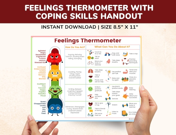 Feelings Emotions Coping Skills Printable Poster Bundle Handouts for Kids-Teens-6pgs Feelings Thermometer-Wheel-List-Chart Feeling Emotion