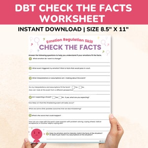Könnte beinhalten: Ein druckbares Arbeitsblatt mit dem Titel "DBT Check the Facts" in einem rosa-weißen Farbschema. Das Arbeitsblatt soll Menschen helfen, ihre Emotionen zu regulieren, indem es Fragen zur Situation und ihren Gedanken dazu stellt. Das Arbeitsblatt ist 8,5 Zoll mal 11 Zoll groß.