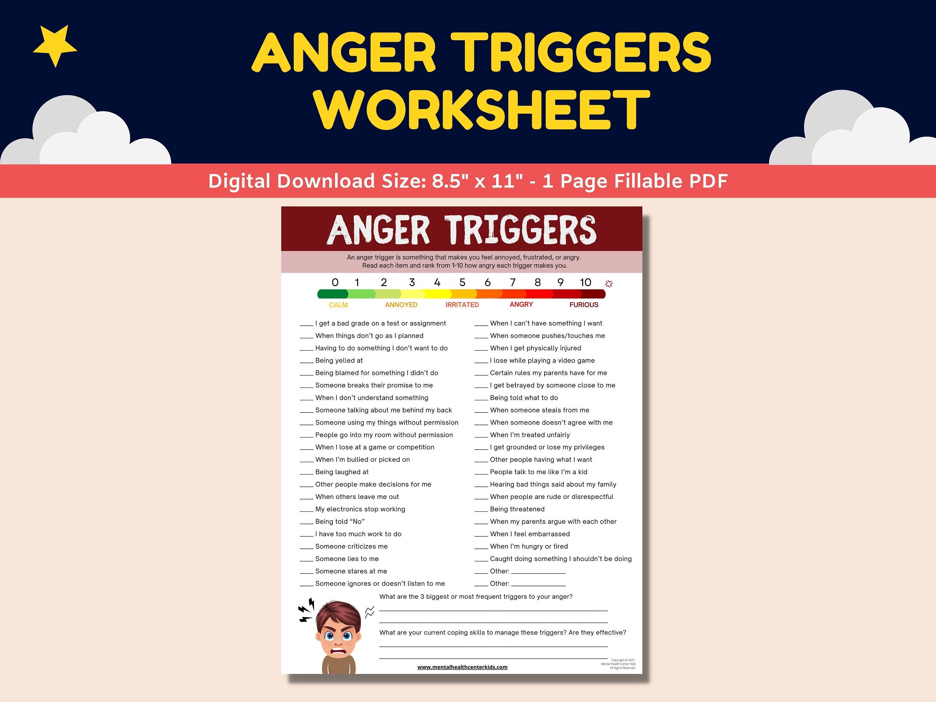 Anger Triggers Fillable Worksheet Teens Adolescents Printable Therapy