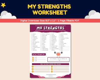 My Strengths Self-Esteem Fillable Worksheet Kids Teens Mental Health Child Counseling Therapy Positive Growth Mindset Activity Coping Skills