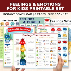 Gefühle Gefühle Bewältigung Fähigkeiten Printable Poster Bundle Handouts für Kinder-Teenager-6pgs Gefühle Thermometer-Wheel-List-Chart Gefühl Emotion