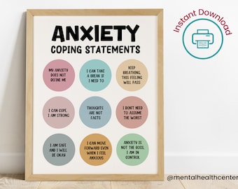 Anxiety Coping Statements-Anxiety Management Coping Skills-Mental Health Print-Therapist Office Decor-School Counseling Tools-Self Care Art