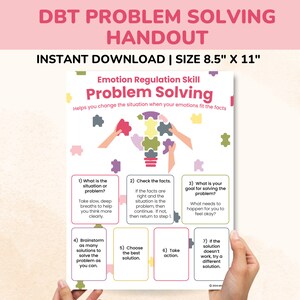 May include: A printable DBT problem-solving handout featuring a colourful illustration of hands assembling a jigsaw puzzle. The handout outlines steps for problem-solving, including identifying the situation, checking the facts, and brainstorming solutions.