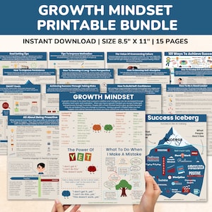 May include: A printable bundle of 15 pages with tips and strategies for developing a growth mindset. The pages feature colorful illustrations and text, including phrases like "The Power of Yet" and "What to Do When I Make a Mistake".