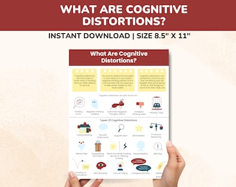 May include: A printable infographic titled "What Are Cognitive Distortions?" with illustrations of different types of cognitive distortions, such as catastrophizing, should statements, magnification, and minimization. The infographic is 8.5 inches by 11 inches.