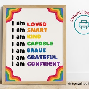 Rainbow Affirmations Wall Art-Printable Nursery Decor-Classroom Wall Art-Inspirational Kids Room Decor-I Am Loved Smart Kind Digital Print