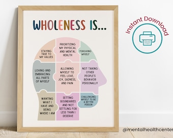 May include: A printable poster with a colorful illustration of a head divided into sections, each with a phrase about wholeness. The phrases include "Staying true to my values", "Prioritizing my physical and mental health", "Forgiving myself", "Loving and embracing all parts of myself", "Allowing myself to feel love, joy, sadness, and pain", "Not taking other people's behavior personally", "Wanting what I have and being where I am", "Setting boundaries and not settling for less than I deserve", and "Challenging myself to be a better person". The poster also includes the text "Wholeness is..." and "@mentalhealthcenter".