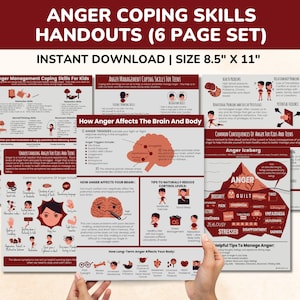 Anger Management Coping Skills Printable Poster Bundle for Kids & Teens Handouts Set 6pgs Anger Awareness Manging Angry Child Issues Therapy