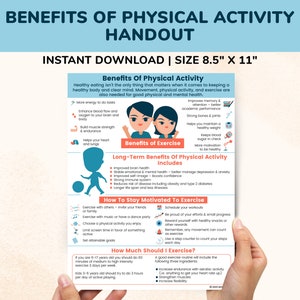Beneficios de la actividad física Folleto de terapia imprimible, tabla de ejercicios para niños, adolescentes y adultos, póster de clase de salud, hoja de trabajo de asesoramiento