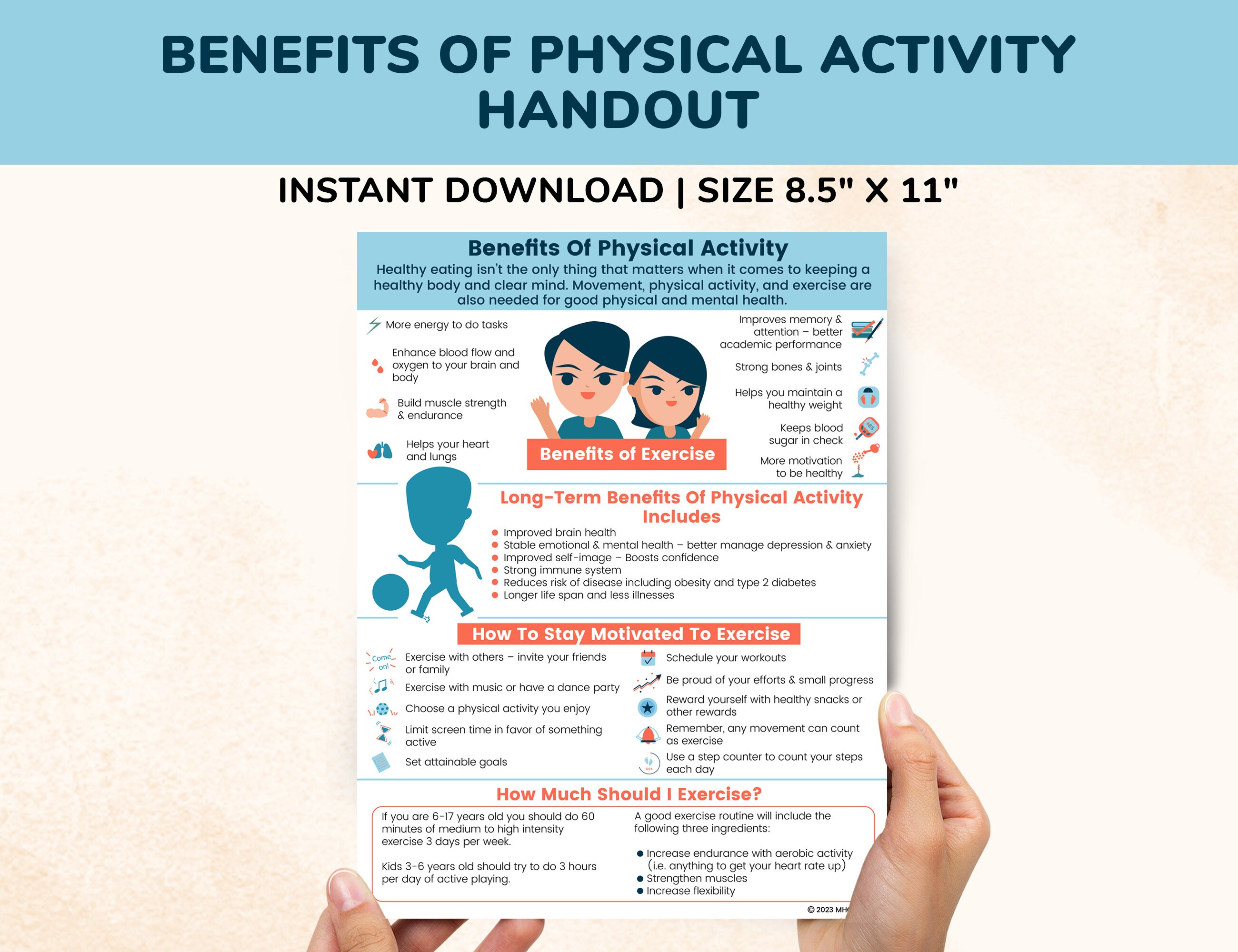 Benefits Of Physical Activity Printable Therapy Handout, Exercise Chart For Kids Teens Adults, Health Class Poster, Counseling Worksheet