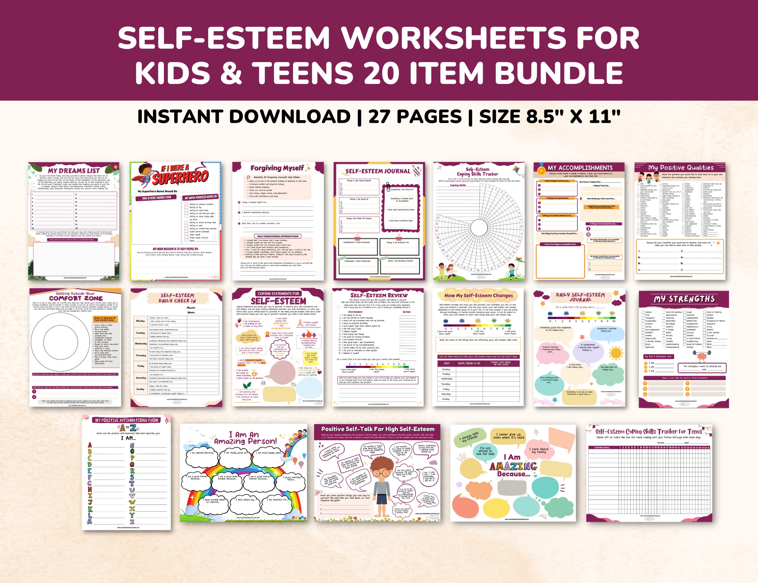 Self-esteem Worksheets 20 Item Printable Bundle for Kids &amp; Teens-mental Health Child Therapy ...