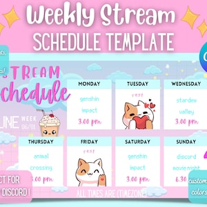 Aesthetic Pink Blue Pastel Twitch Youtube Stream Schedule Template | Kawaii | Editable Canva Template | Social Media | Cute Sparkle Clouds