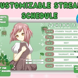 Aesthetic Plant Vtuber Twitch Youtube Stream Schedule Template | Kawaii | Editable Canva Template | Social Media | Green Boho Cute