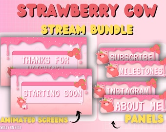 Strawberry Cow Stream Bundle | Animated Twitch Screens & Panels (Digital Download)