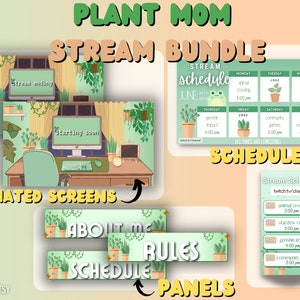 Peut inclure: Une illustration numérique d'un pack de streaming pour Twitch pour une « maman plante ». Le pack comprend des écrans animés, des panneaux et un programme de diffusion hebdomadaire. Les écrans animés présentent un bureau avec un ordinateur, une chaise et des plantes. Les panneaux comprennent « À propos de moi », « Horaire » et « Règles ». Le programme de diffusion hebdomadaire comprend un calendrier avec les jours de la semaine et les heures pour différents jeux et activités. Le texte « PLANT MOM STREAM BUNDLE » est en haut de l'image.