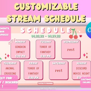 Ästhetische Pink Red Cherry Twitch Youtube Stream Zeitplan Vorlage | Kawaii | Bearbeitbares Canva Template | Social Media | Cute Sparkle Simple