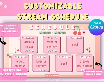 Kawaii Cherry Stream Schedule Template | Pink Red, Canva Editable (Digital Download)