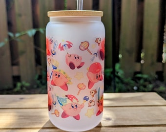 Adorable Kirby 16oz Frosted Glass Can