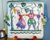 Vintage HARVEST FAIR Ceramic Majolica Wall Hanging Tray Made in Italy Bas Relief Italian Faience Tray Marked 7 345 by M.B.D.