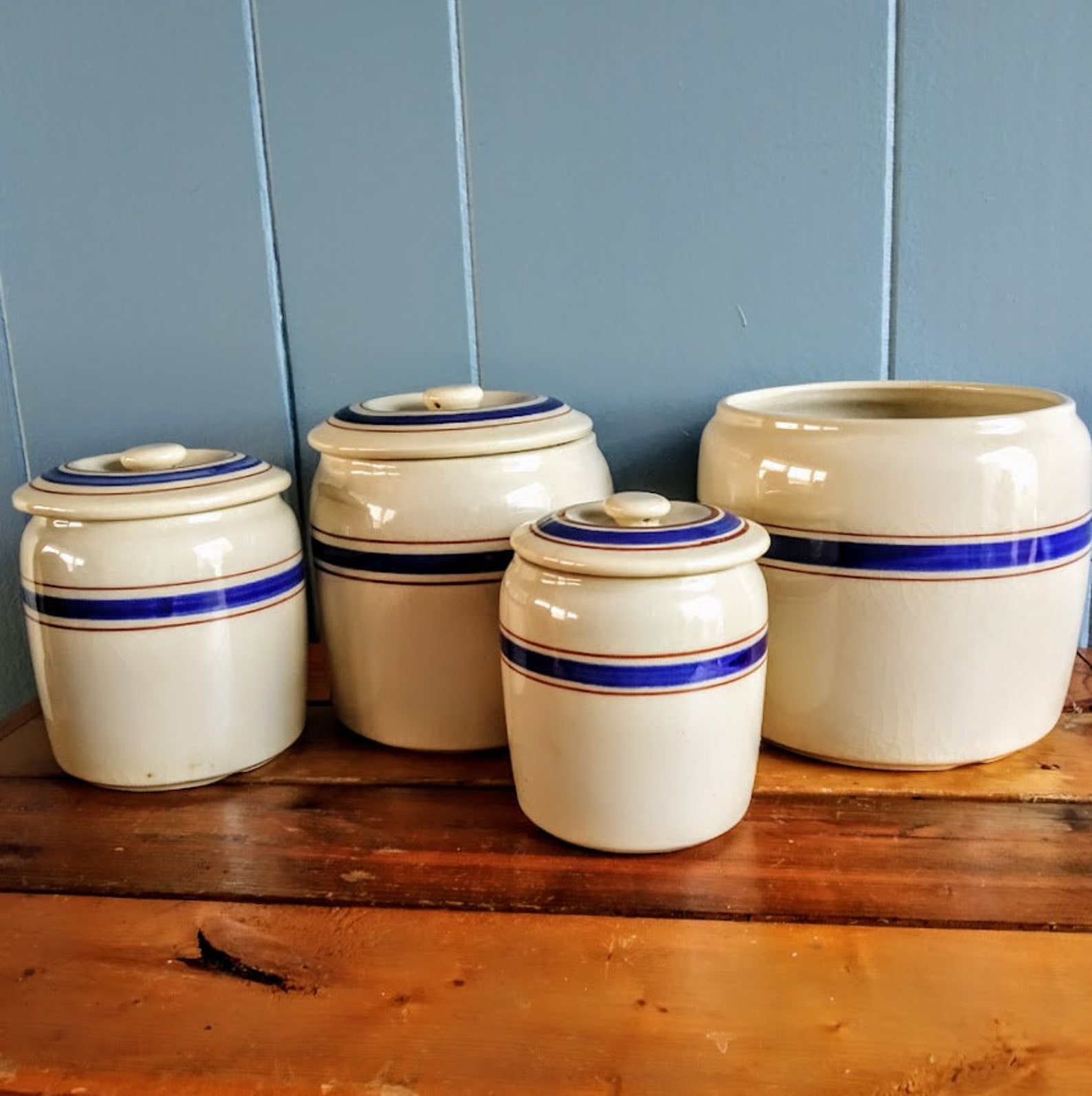 Vintage BLUE BAND Set of 4 Ceramic Canister Crocks by Lillian Etsy