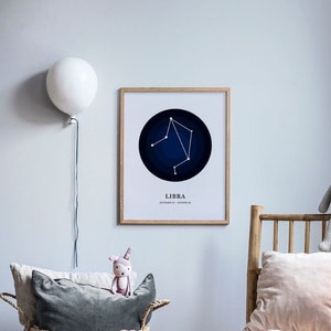 Libra Constellation Print,Zodiac Sign Wall Art,Astrology Nursery,Nursery Room Decor,Celestial,Gift for Newborn,Chidren&#39;s art Print,Stars