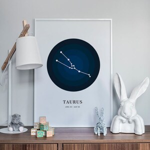 Taurus Constellation Print, impresión de arte de Chidren, regalo para recién nacidos, arte de pared de signo del zodiaco, vivero de astrología, celestial, decoración de la habitación del bebé, estrellas