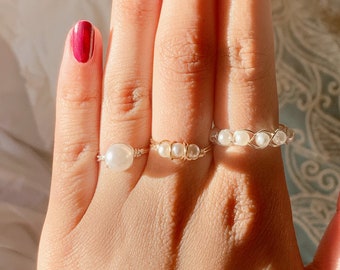 Pearl wire ring, elegant pearl ring, wire wrapped ring, gold ring, silver ring, handmade ring, dainty, Pinterest rings, stackable rings