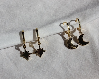 Moon earrings, star earrings, sunburst earring, 18k gold plated,  gold earings, trending earrings, minimalistic earrings, gift for her