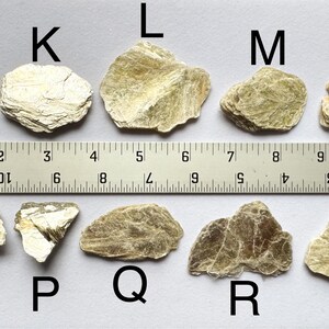 A photo of stones J-S lined up against a ruler (in inches), labelled with their respective letters.