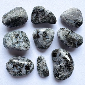 May include: Nine tumbled stones of black and grey spectrolite, a type of feldspar, with a shimmering iridescent effect.