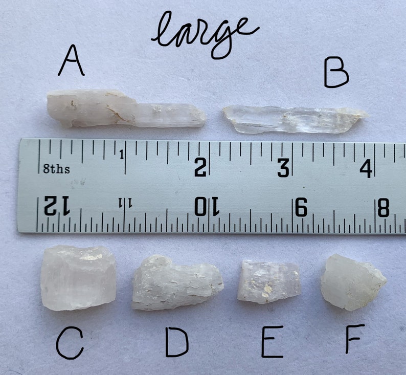 A photo of all of the large stones lined up against a ruler (in inches) and labelled with their corresponding letters. Stones A and B are shown above the ruler while stones C, D, E, and F are shown below it.