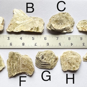 A photo of stones A-I lined up against a ruler (in inches), labelled with their respective letters.