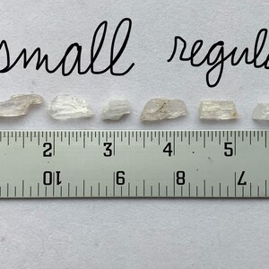 A photo of all of the small regular stones lined up against a ruler (in inches).