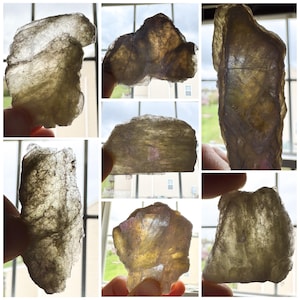 A collage of 7 photos of stones held up to a window, backlit, to show their translucency.