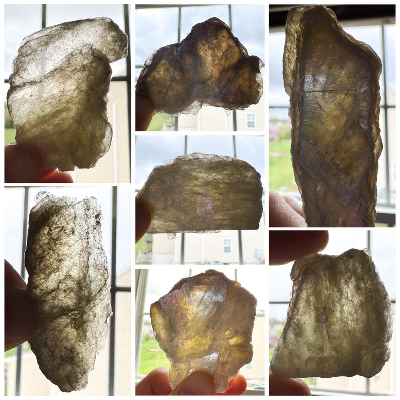 A collage of 7 photos of stones held up to a window, backlit, to show their translucency.