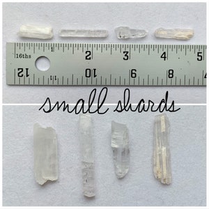 Top photo is of all of the small shards stones lined up against a ruler (in inches). Bottom photo is of all of the small shards stones lined up next to each other on a white background.