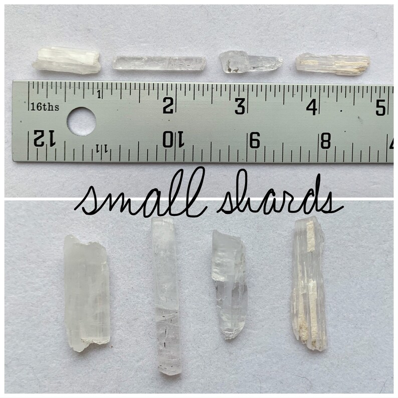 Top photo is of all of the small shards stones lined up against a ruler (in inches). Bottom photo is of all of the small shards stones lined up next to each other on a white background.
