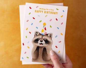 Watercolour Birthday Raccoon Blank Greeting Card