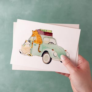 Cartão de felicitações em branco para viagem de carro em aquarela