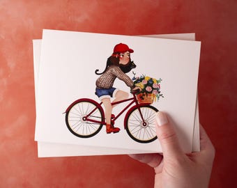 Watercolour Bike Girl Blank Greeting Card