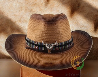 Cappello di paglia da cowboy fatto a mano / Cappelli da spiaggia da viaggio estivi per donna uomo / Cappello parasole occidentale unisex / Cappello estivo / cappello arrotolato / cappelli da donna
