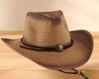 Chapeau de paille de cow-boy western tissé à la main, chapeau de soleil d'été, chapeau de jazz, chapeau de plage, chapeau d'extérieur, chapeaux vintage pour femme/homme, chapeau de voyage, chapeau décontracté