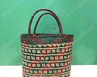 Summer beach bag, market basket, straw bag, Bohemian Seagrass basket, vintage tote bag, wicker handbag, unique flower pattern