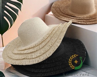 Chapeaux de paille pour femme, chapeau de plage femme, chapeau d'été femme, chapeau de plage de paille, chapeau de paille pour femme, chapeau de soleil, chapeau à pampilles vintage, chapeau souple à bord large