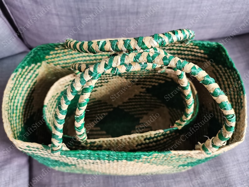 Seagrass Basket, Straw Handbag for Woman, Green Straw Bag, Seagrass Bag, Vintage Market Basket, Gift Basket Use New Vintage, Morocco Basket image 9
