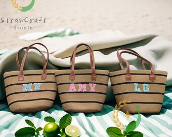 Personalized Tote Bag - Monogram Tote Bag - Custom Straw Bags with Initial- Bridesmaid Gift -Beach Bags-Embroidered Tote with Leather handle