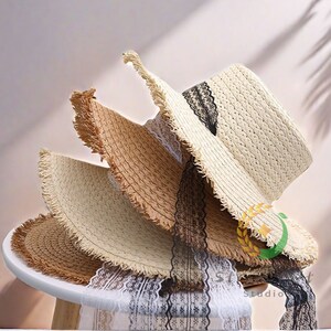 Wide Brim Straw Hat for women, fashion beach hat with Black/White lace ribbon, foldable hat, summer sun hat, packable hat, vacation hat