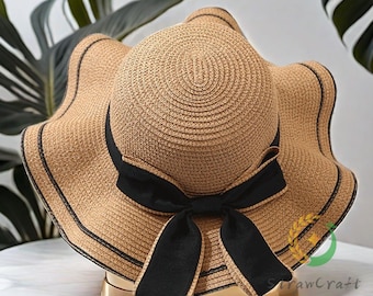 Chapeau de paille à bord large pour femme, chapeau habillé avec noeud papillon, chapeau de paille de plage, chapeau de soleil, chapeau d'été pliable, chapeau de vacances, chapeau de jardinage, chapeau cadeau